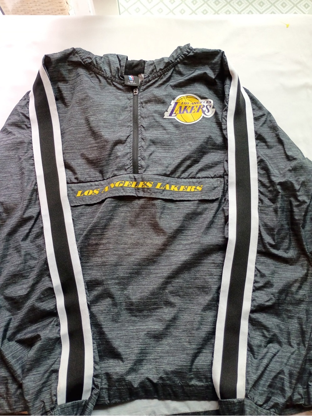 NBA Los Angeles Lakers Gray Pullover Windbreaker with Black & White Stripes